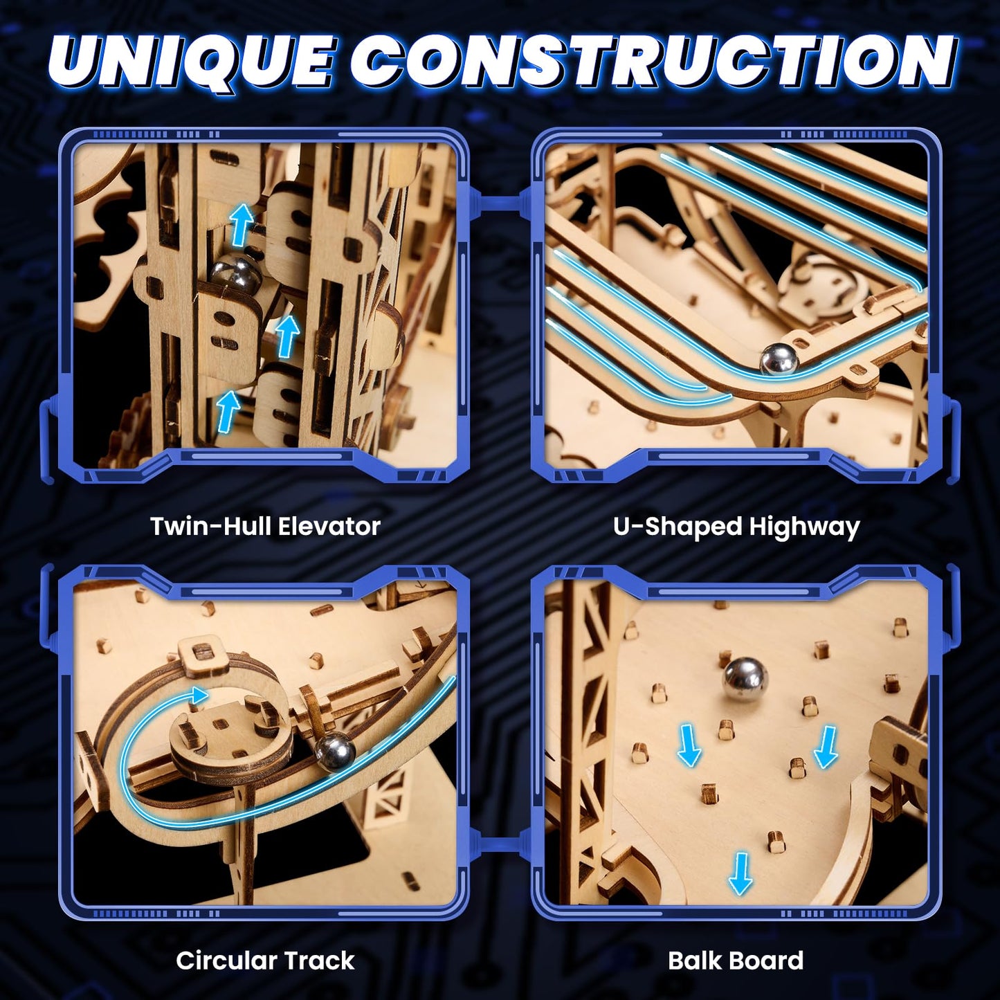 Uplike 3D Wooden Puzzles for Adults: 371pcs Wood Mechanical Marble Run Model Kits with Roller Coaster Building Set for Adults - 3D Brian Teaser Desk Toys Wooden Puzzles for Men Women Hobbies Gifts