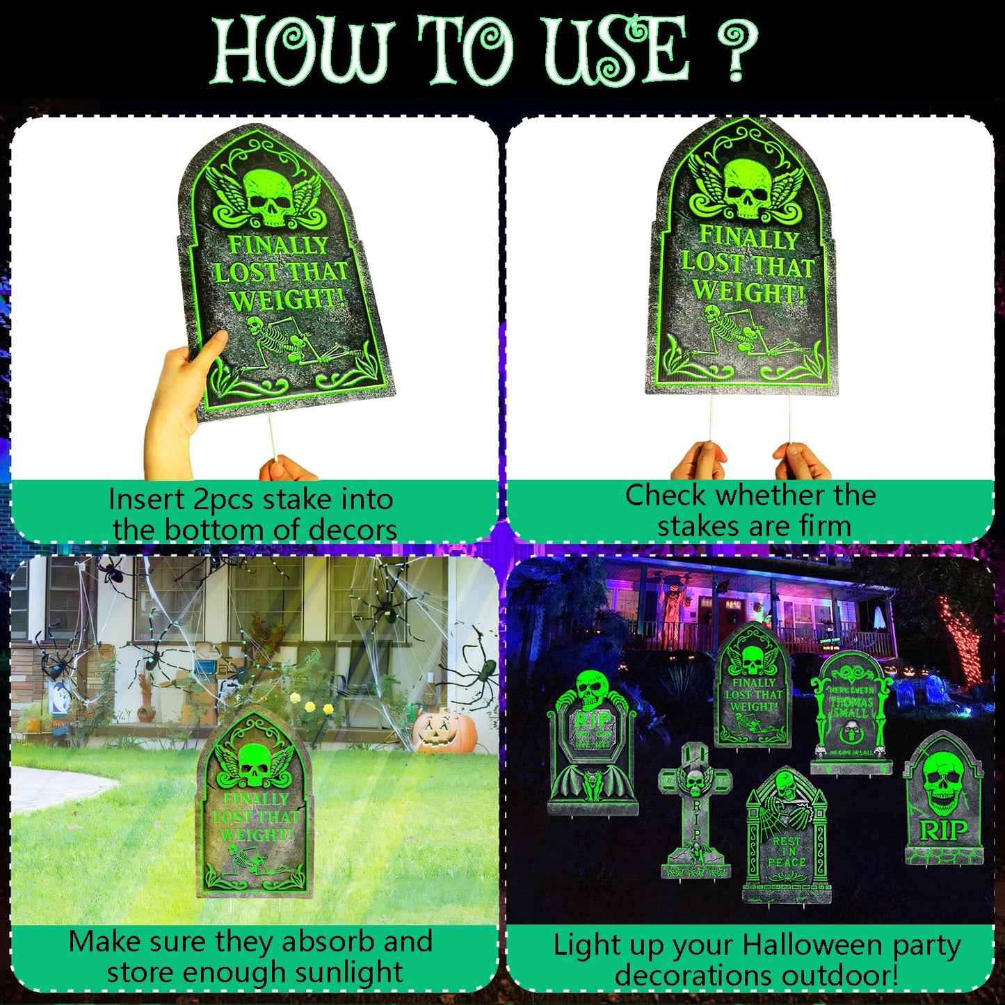 6 Pack Halloween Tombstones Graveyard Decorations, Halloween Yard Sign Glow in The Dark, 17”×10” Waterproof Outdoor Light Up Tombstones, Spooky Light Up Gravestones for Yard, Home, Party, Scary Decor