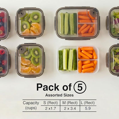 BPA-Free Plastic Airtight Food Storage Containers with Vented Lids, 5-Pack Assorted Sizes (2×1.7, 2×3.4 & 1×5.9 Cups) for Meal Prep and Leftovers