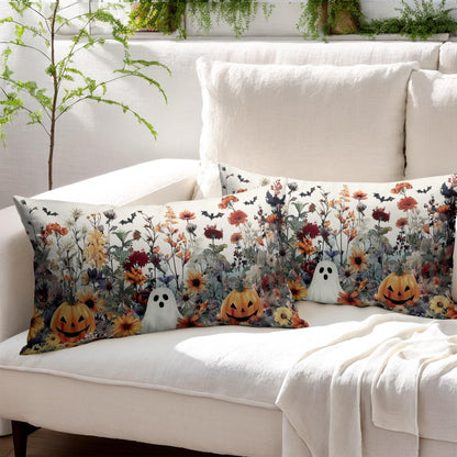 Halloween Pillow Covers 12x20 Inch Set of 2 Ghost Pumpkins Bats and Wildflower Horror Cotton Linen Decorative Throw Pillow Cases Spooky Holiday Cushion Covers for Bedroom Living Room Sofa Couch Chair