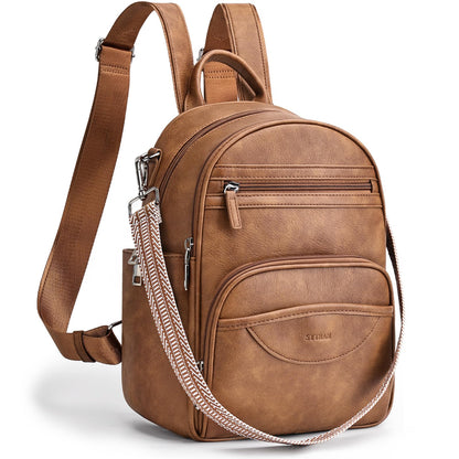 SYTRAH Small Backpack Purse for Women, Mini Backpack Vegan Leather with RFID Blocking & Tablet Pocket, Cute Shoulder Handbag for Travel, School & Work Brown