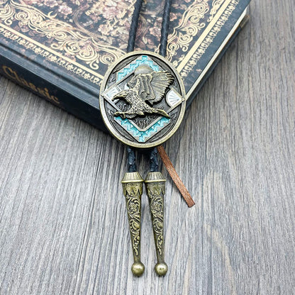 QUKE Native American Western Cowboy 3D Bald Eagle Sunset Bolo Tie Hand-woven Leather Bronze Bola Tie Necktie for Men Women