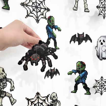 Cheerland Pixel Halloween Garland Set 6 Pcs Cute Halloween Decorations for Gamer Theme Party Retro 8-Bit Kids Halloween Decor Wall Hanging Banner Spider Zombie Ghost Skeleton Spooky Monster Garland