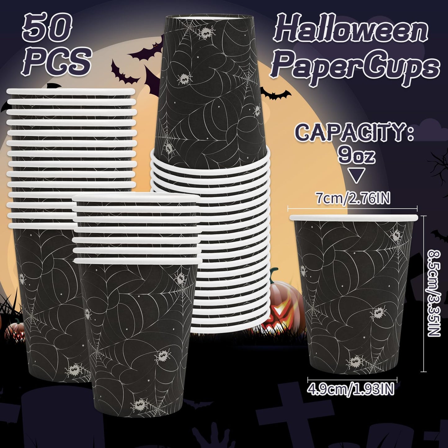 YQUQWN 50 PCS Halloween Spider Paper Cups, 9 oz Disposable Party Cups for Trick or Treat Activity Party Supplies for Kids Adults, Halloween Tableware for Drinks, Snacks Decor