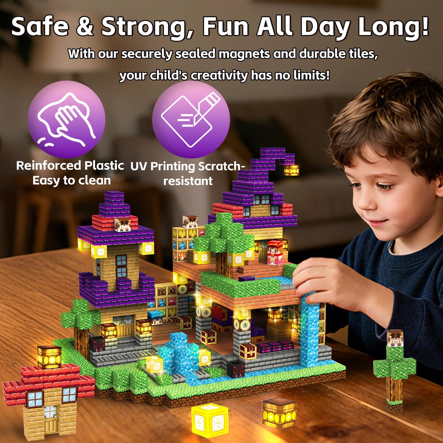 Gryxpox 150pcs Magnetic Blocks - Magnetic School Castle Set with Light Up Blocks - Kids Classroom Sensory Toy for Toddlers STEM, Construction Stacking Toy Kids 3+ Boys Girls Christmas Birthday Gifts