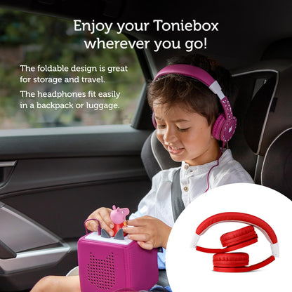 Tonies Foldable Wired Headphones for Kids - Comfortably Designed to fit On-Ear - Works with Toniebox 1 and All 3.5mm Devices - Red