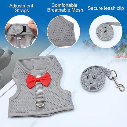 Rabbit Harness and Leash Set,Bunny Leash for Walking Escape Proof,Bunny Clothes with Cute Bow Mesh Breathable Adjustable Vest Rabbit Harness Camping Hiking Training for Ferret Kitten Puppy (Grey M)