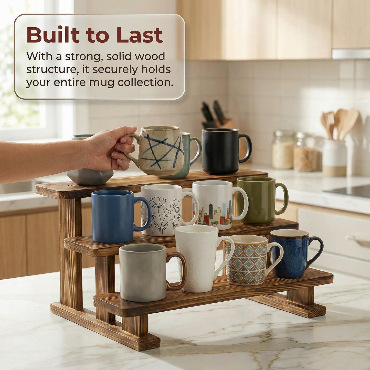Ajerg 2 Pack 3 Tier Coffee Mug Display Shelf, Wooden Coffee Mug Holder Organizer for Countertop, Mug Storage Shelf for Coffee Station, Kitchen Cabinet, Pantry & Counter Display Rack