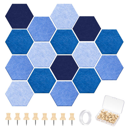 Mindsoft 16 Pcs Hexagon Cork Board for Walls with 50 Wooden Push Pins 6.7 x 5.9 in Felt DIY Tiles Notice with Nano Tape Hanging Bulletin Board for Home Photo Office Memo Note(Ocean)