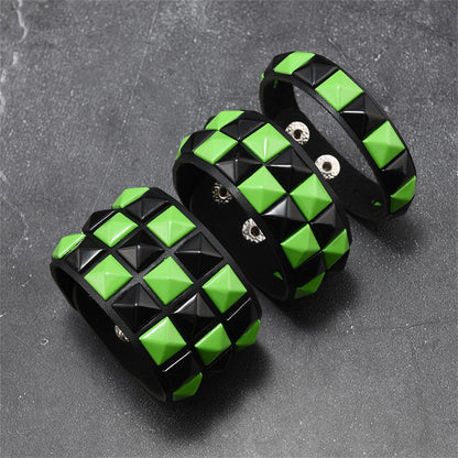 Dreuyet 3 Piece Checkered Leather Bracelet Set Black White PU Wristband Adjustable Gothic Punk Style Halloween Accessories for Men Women (Black Green)