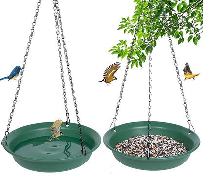VUWEZ Hanging Bird Feeder & BirdBath for Outdoors, Wild Bird Feeders Tray, Hanging Birdbaths Trays for Outside, Cardinal, Blue Jay, Crow, Birdfeeders Outside (8", 1 Pcs with Hole & 1 Pcs No Hole)