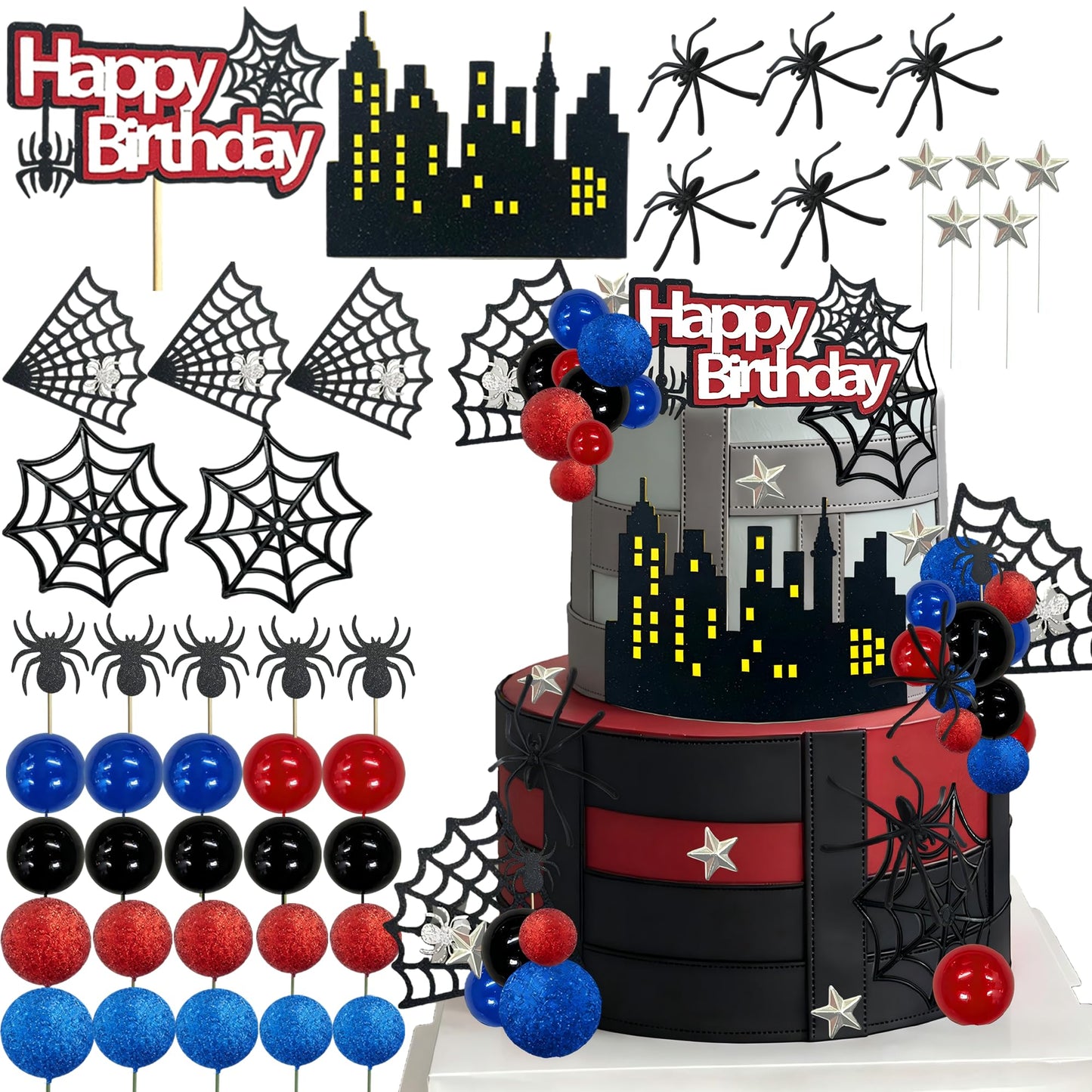 Tyotrbs Spider Cake Topper Spider Web Cake Decoration Spiders Theme Cake Decor Happy Birthday Toppers Stars Red Blue Balls Cupcake Topper for Hero Party Supplies