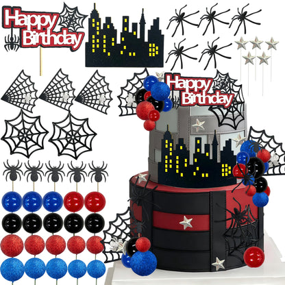Tyotrbs Spider Cake Topper Spider Web Cake Decoration Spiders Theme Cake Decor Happy Birthday Toppers Stars Red Blue Balls Cupcake Topper for Hero Party Supplies