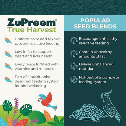 ZuPreem True Harvest Bird Pellets, Daily Bird Food for Cockatiel, Lovebird, Quaker, Small Conure, Lorikeet, Core Nutrition for Medium Birds, Added Vitamins, Cockatiel Pellets (M, 2.5 lbs)