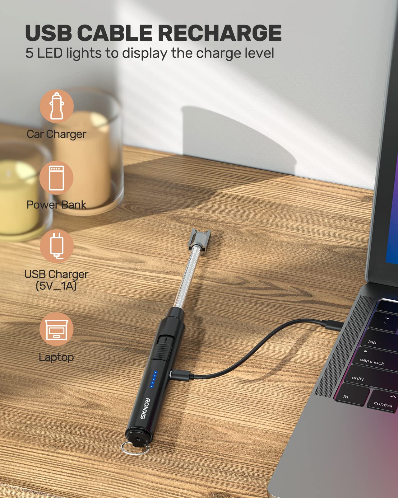 RONXS Electric Lighter, Candle Lighters USB Rechargeable Arc Lighter with Hanging Hook, LED Battery Display Long Lighters for Candle Grill BBQ Home Outdoor