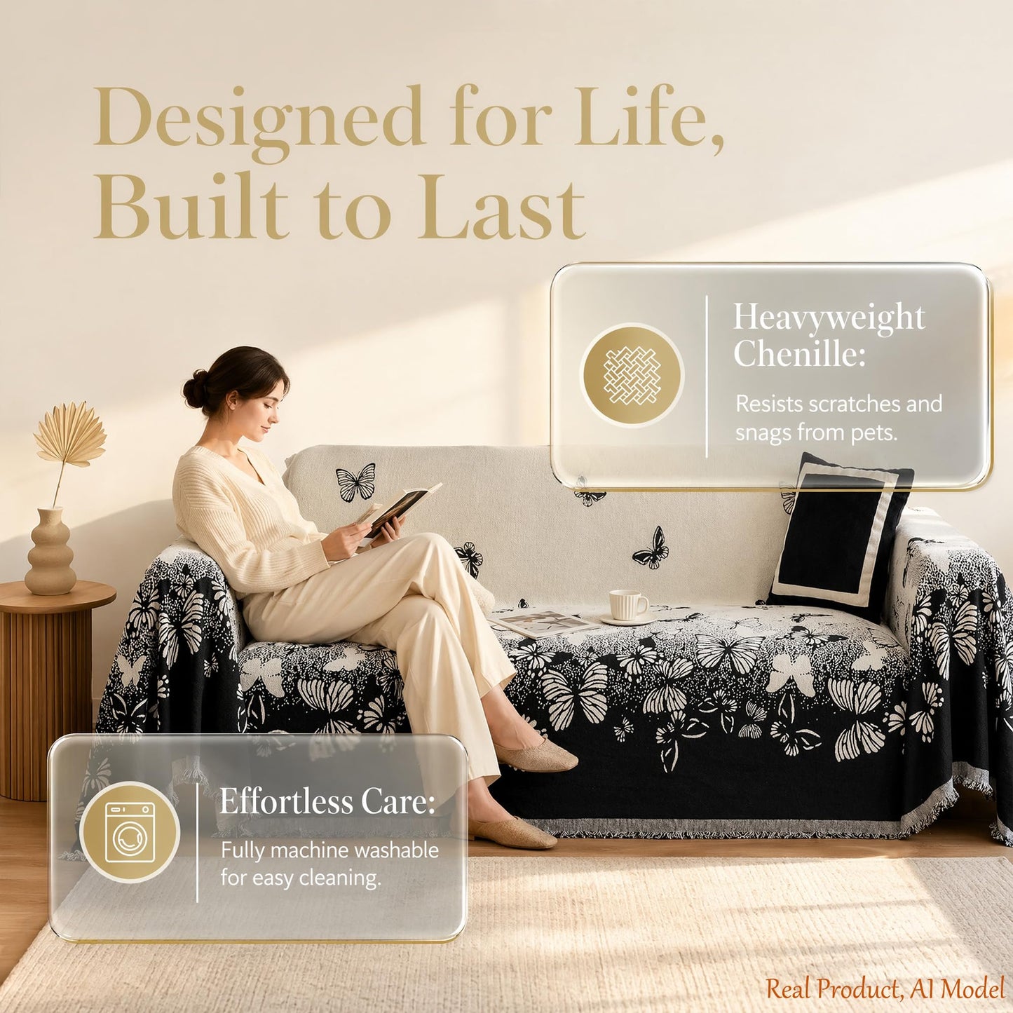 UWWGKK Chenille Couch Cover Reversible Butterfly Pattern Large Sofa Blanket