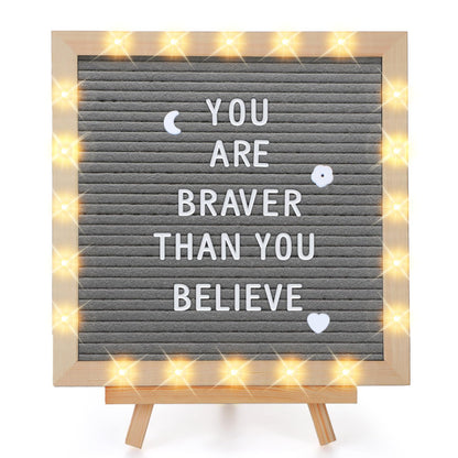 Changeable Felt Letter Board with LED Lights - 10×10" Message Custom Signs & Wood Stand & 450 Letters, Poster Board for Baby/Pregnancy Announcement/Classroom Wall Decor Gifts First Day of School, Grey
