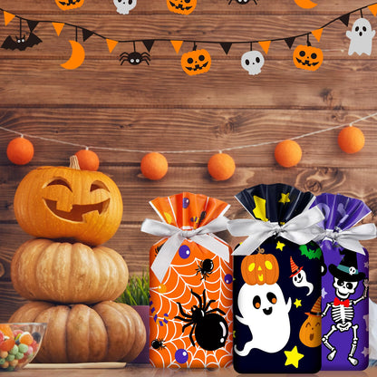 Aliceset 50 Pcs Small Halloween Drawstring Treat Goodie Bags - Plastic Spider Ghost Skeleton Gift Bags for Halloween Birthday Party Favors