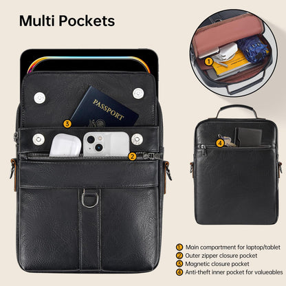 13 Inch Laptop Shoulder Bag Leather Carrying Case for Macbook Air 13" M5 M4 M3 M2 A3449 A3420 A3113 A2681/MacBook Pro 14" M5 M4 M3/2026 MacBook Neo, Vertical Laptop Sleeve Messenger Computer Bag,Black