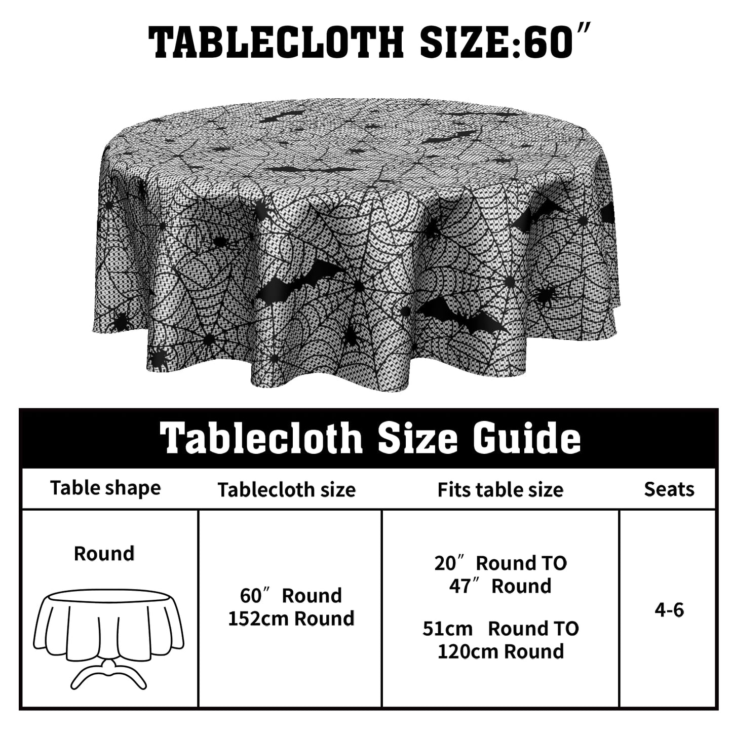 Sweetshow Halloween Bat Table Cloth Round Black and White Spider Web Tablecloth 70 Inch Decor Washable Stain and Wrinkle Resistant Round Table Cover for Dining Party Picnic