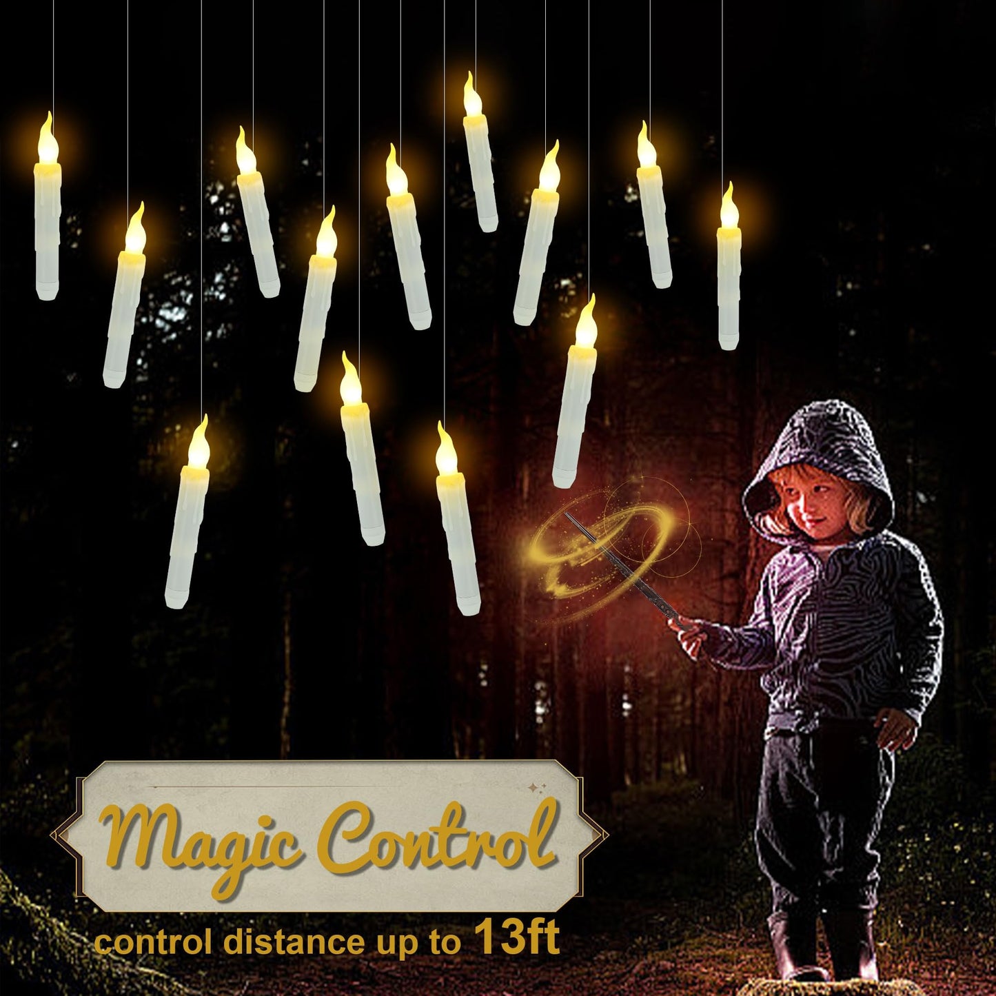 Treewoll 12pcs Flameless Floating Candles with Wand Remote, 6.7" L Battery Operated Flickering Candles with Hanging Wire for Ceiling Dining Table Wedding Magic Themed Parties Halloween Decorations