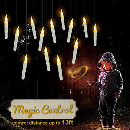 Treewoll 12pcs Flameless Floating Candles with Wand Remote, 6.7" L Battery Operated Flickering Candles with Hanging Wire for Ceiling Dining Table Wedding Magic Themed Parties Halloween Decorations