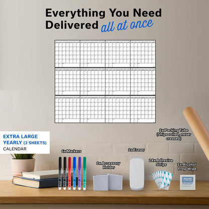 Dry Erase Year Calendar for Wall 45x55, Family Office Undated Yearly Annual Large, 12 Giant Erasable Month Wall Classroom, Rolled Whiteboard White Board, for Calendar Dry Planner Erase Reusable