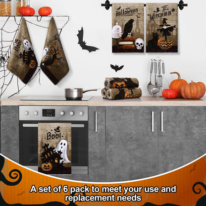 Ganeen 6 Pcs Halloween Kitchen Towels Dwarfs Cobwebs Witches Castles Dish Towels Fiber Fingertip Hand Towel Decorative Tea washtowels 14.2 x 21.3 Inch for Decorative Bathroom Holiday (Goth)