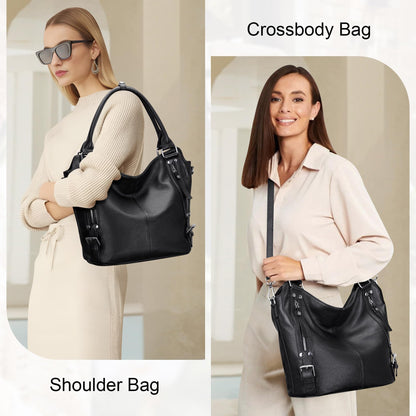 Over Earth Genuine Leather Handbags for Women Hobo Shoulder Bags Ladies Tote Bag(O172E Black)