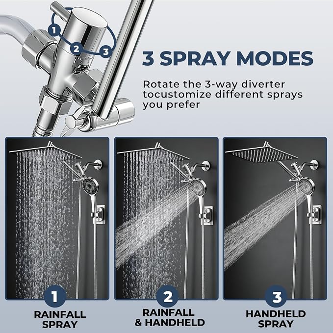 Shower Head, Rain Shower Head with Handheld Spray Combo, 12Inch Adjustable High Pressure Rainfall Shower Head, Dual Showerhead Set with Extension Arm