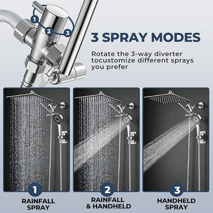 Shower Head, Rain Shower Head with Handheld Spray Combo, 12Inch Adjustable High Pressure Rainfall Shower Head, Dual Showerhead Set with Extension Arm