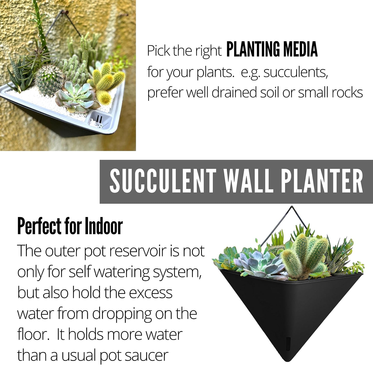 LaLaGreen Bundle - 12" x 2 Pack Black + 12" x 4 Pack Gray Large Self Watering Geometric Hanging Flower Vase Vessel with Metal Hanger, Modern Stylish Wall Mounted Succulent Pot Holder Decor