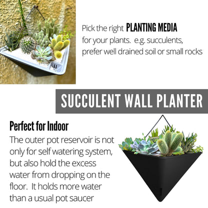 LaLaGreen Bundle - 12" x 4 Pack Black + 12" x 2 Pack White Large Self Watering Geometric Hanging Flower Vase Vessel with Metal Hanger, Modern Stylish Wall Mounted Succulent Pot Holder Decor