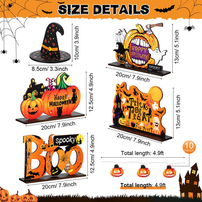 Jetec 6 Pcs Halloween Office Decorations Table Centerpiece with 5 ft Pumpkin String Light, Boo Spooky Trick or Treat Pumpkin Witch Hat Wood Table Signs for Happy Halloween Tier Tray Home Decoration