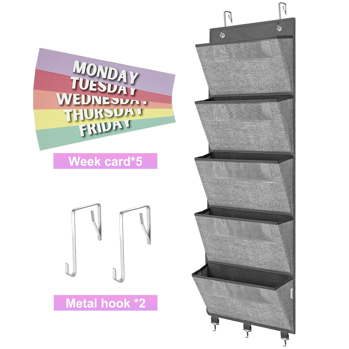 homyfort Over the Door hanging File Organizer, Weekly Hanging File Folders, Wall Organizers and Storage for Mail, Magazine, Notebooks, Office, Classroom, 5 Large Pockets, 50.39” Tall, Grey