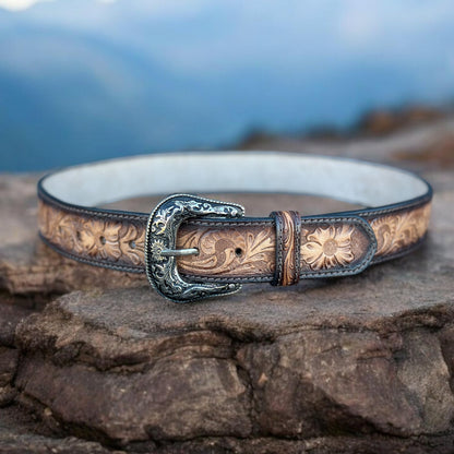 DANIEL'S ARTPLANET Western Belt for Men Full Grain One Piece Leather Belt Tooled Handmade with Buckle Engraved 1.5” Wide (34)