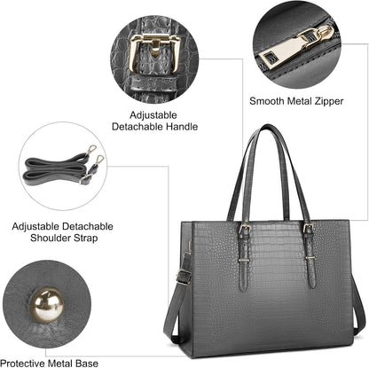 Laptop Bag for Women 15.6 Inch Laptop Tote Bag Leather Classy Computer Briefcase for Work Waterproof Handbag Professional Shoulder Bag Women Business Office Bag Large Capacity Grey
