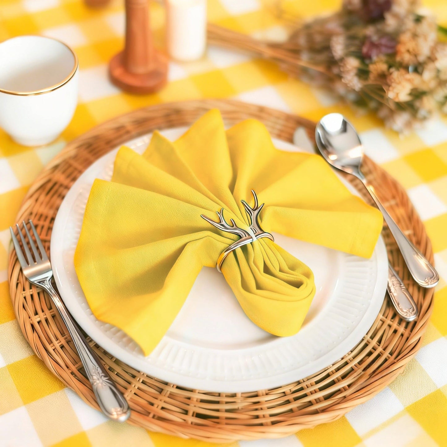 MEANMOY Yellow 210GSM Cloth Napkins Set of 12 - Washable & Reusable 17x17 Inch Napkins with Hemmed Edges in Wrinkle Free Polyester Fabric for Dinners, Weddings, Parties, Banquets & Everyday Decor