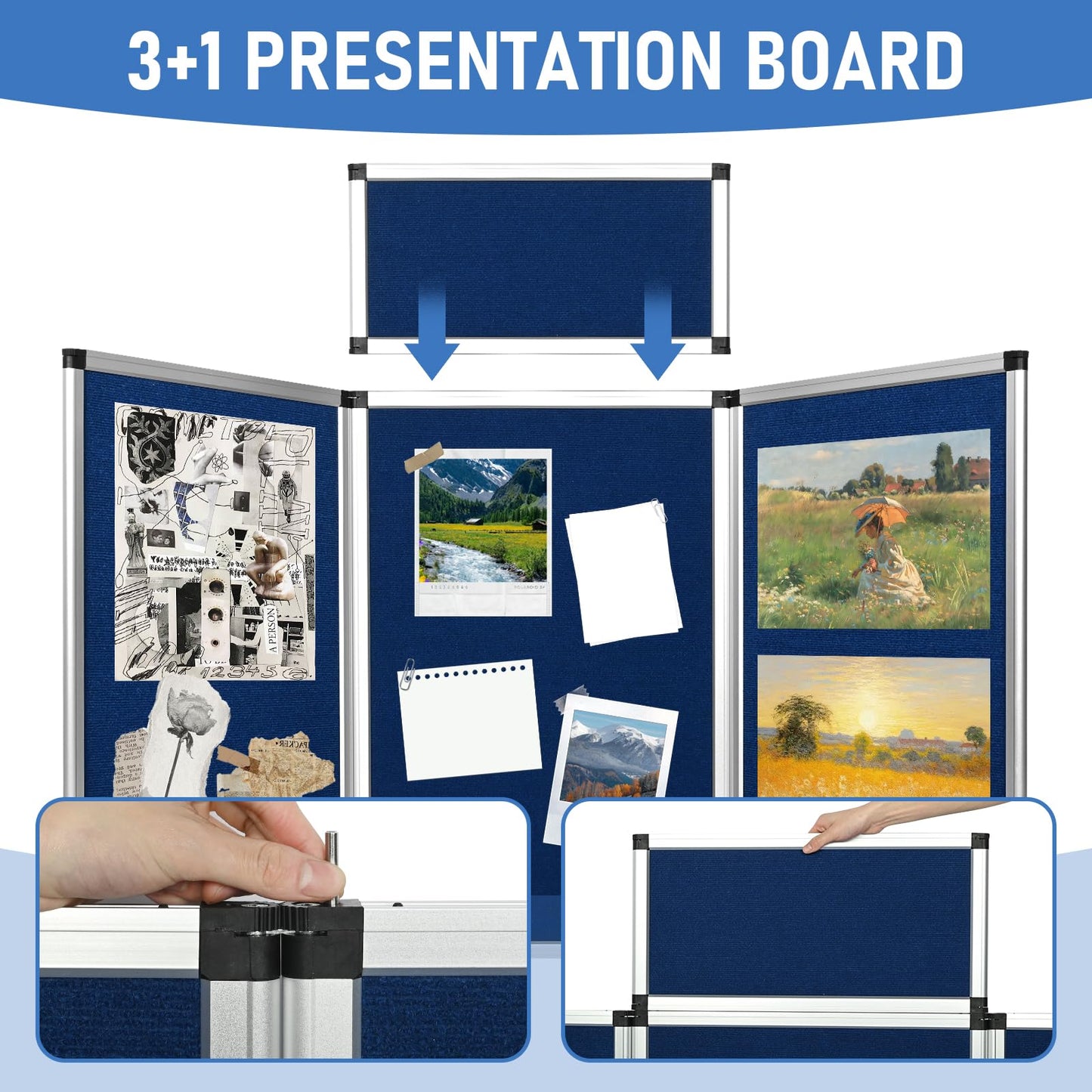 Nisorpa Trade Show Presentation Board, Aluminum Trifold Poster Board 70.8 x 35.4 Inch Display Board with Storage Bag, 3+1 Table Top Folding Panel - Blue