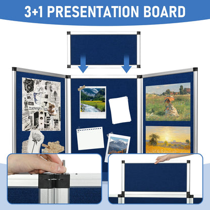 Nisorpa Trade Show Presentation Board, Aluminum Trifold Poster Board 70.8 x 35.4 Inch Display Board with Storage Bag, 3+1 Table Top Folding Panel - Blue
