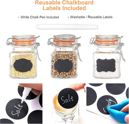 3.4 oz Small Glass Spice Jars with Lables, 24 Pack Empty Mini Square Spice Bottles with Airtight Flip Top Lids, Chalkboard Labels and Collapsible Funnel for Home and Kitchen