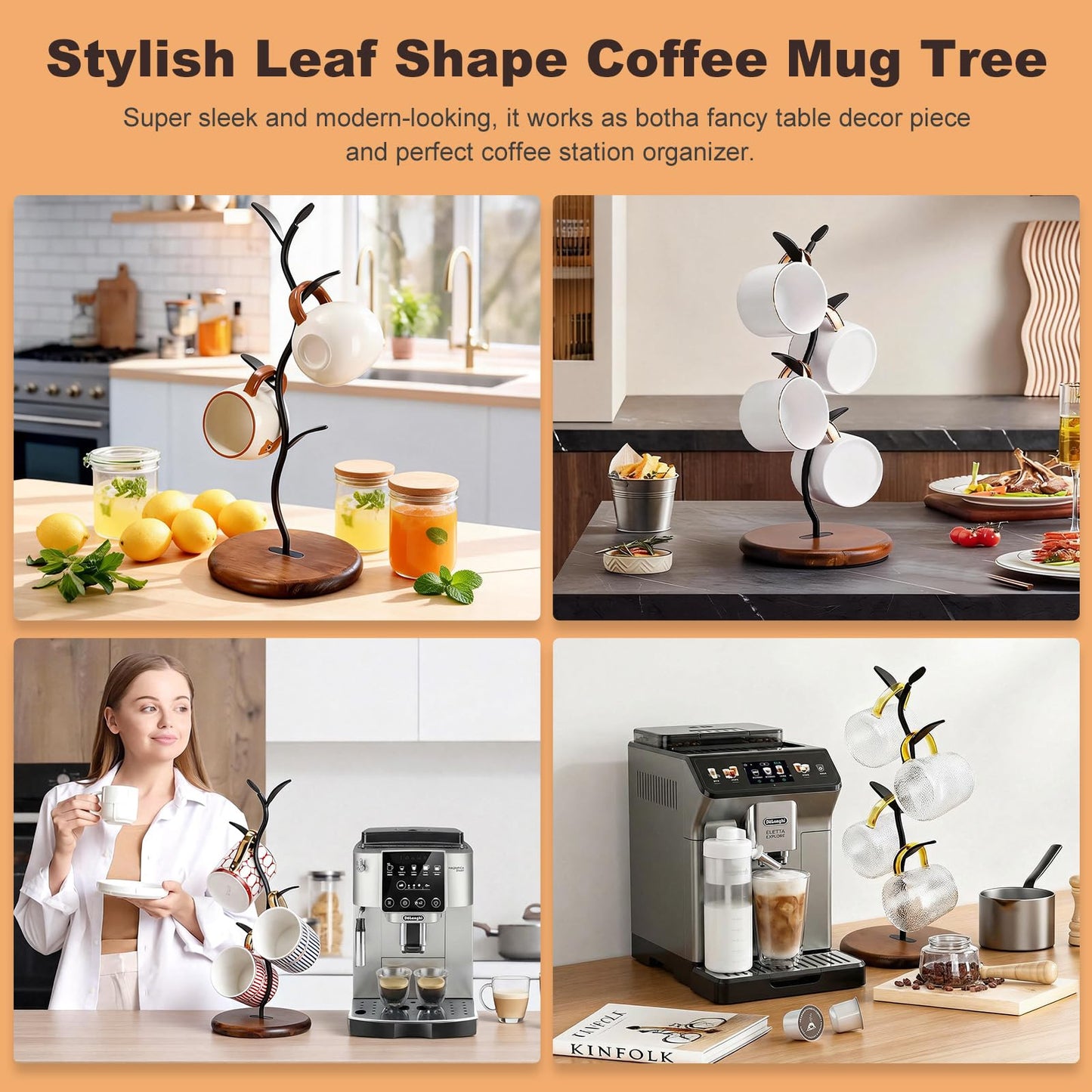 Noeixrah Mug Tree Holder, Bronze Metal Leaf Branch & Solid Wood Base Mug Holders, Countertop Coffee Mug Trees Organizer for Kitchen, 4 Hooks, Sleek Modern Decor for Coffee Station