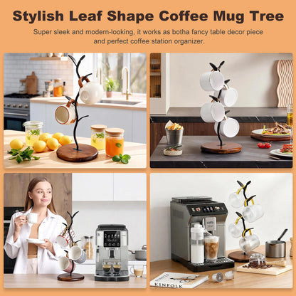 Noeixrah Mug Tree Holder, Bronze Metal Leaf Branch & Solid Wood Base Mug Holders, Countertop Coffee Mug Trees Organizer for Kitchen, 4 Hooks, Sleek Modern Decor for Coffee Station