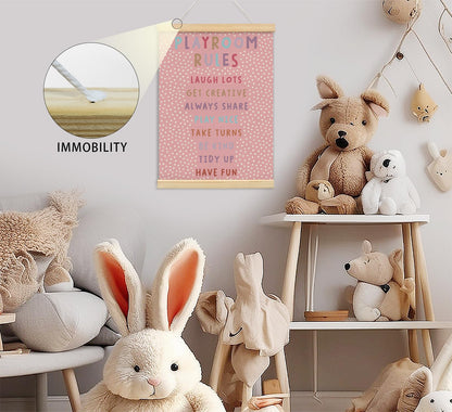 Playroom Kids Tollder Room Wall Decor, Play Room Rules Wall Decor for Kids Play Game Room Bedroom Nursery Home School Playroom Essentials, Canvas Hanging Banner Wood Poster Frameds(pink)