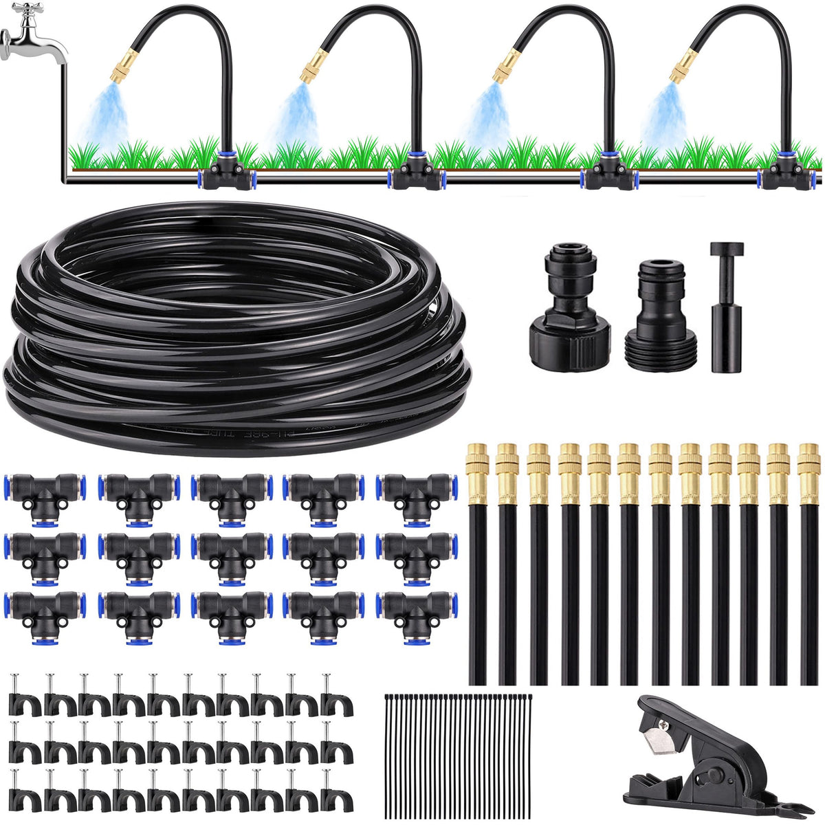 Mornajina Automatic Drip Irrigation Kits Garden Irrigation System, Includes 50FT 5/16 inch Irrigation Tubing Hose & 15Pcs 360° Bending Dropper Atomizing Mist Nozzles Tee for Garden Watering System