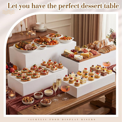 Leinuosen 10 Pcs Extra Large Acrylic Buffet Risers for Food Display Stands Box, Rectangle Catering Dessert Table Risers Decorative 7 to 16 Inch, Hollow Bottom for Weeding Brunch Party Supplies(White)