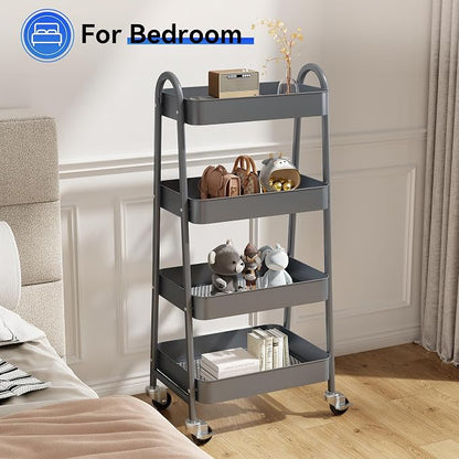 OLIXIS Metal 4 Tiers Utility Rolling Cart, Mobile Storage Shelf with Lockable Caster Wheels, Organization for Livingroom, Bathroom & Narrow Places, 4-Tier Gray