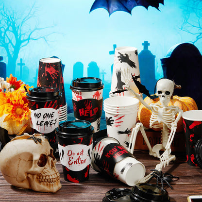 MotiMind 48 Set Halloween Disposable Coffee Cups with Lids & Sleeves 12 oz Halloween Hot Cold Beverage Paper Cups Bulk for Holiday Coffee Drinking Party Supplies Decorations(Black and Red,Blood)