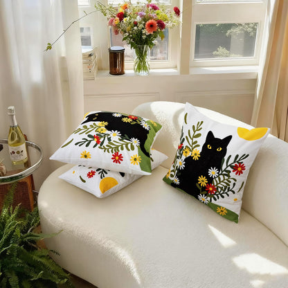 Cythasily Embroidered Pillow Covers 12x20 Inch Set of 1, Black Cat and Floral Patterned Decorative Throw Pillow Covers Lumbar Farmhouse Canvas Cushion Cases for Couch Sofa Bed Living Room Home Decor