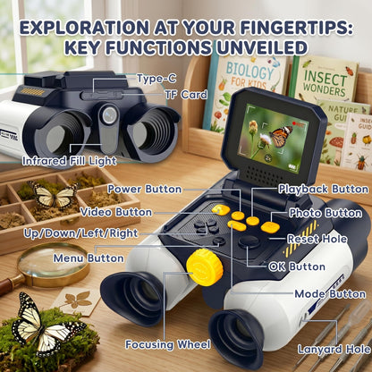 OAEBLLE Kids Binoculars with Night Vision Camera, 10X Zoom Digital Adventures Telescope with 2.4" IPS Screen, Nature Explorer STEM Toys for Bird Watching Camping, Gifts for Boys Girls Age 4-12 - White